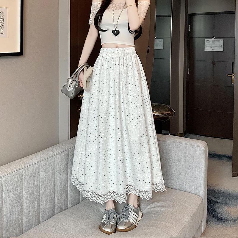 High Maxi Trim Rise Skirt Lace A-Line Dotted