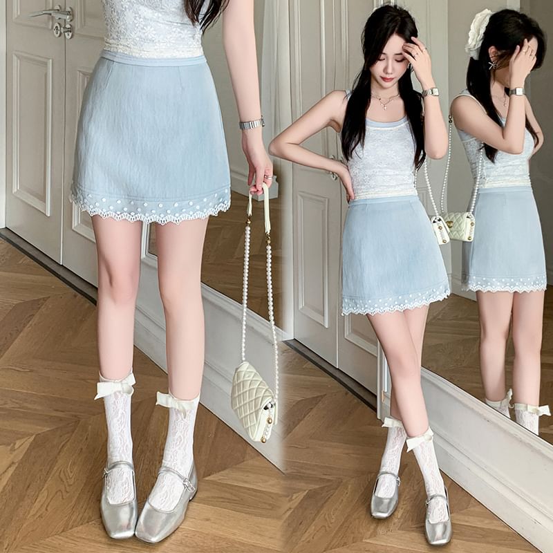 Waist Trim Skirt Pencil Lace Plain High Mini