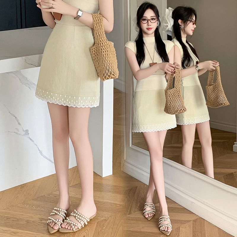 Waist Trim Skirt Pencil Lace Plain High Mini