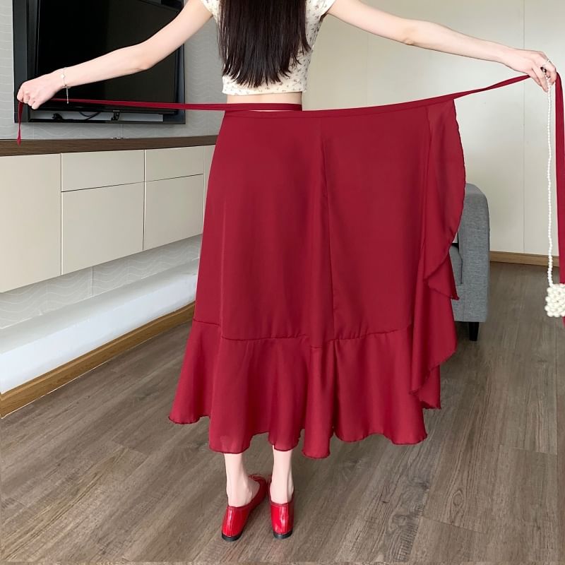 Waist Plain A-Line Midi High Ruffle Skirt