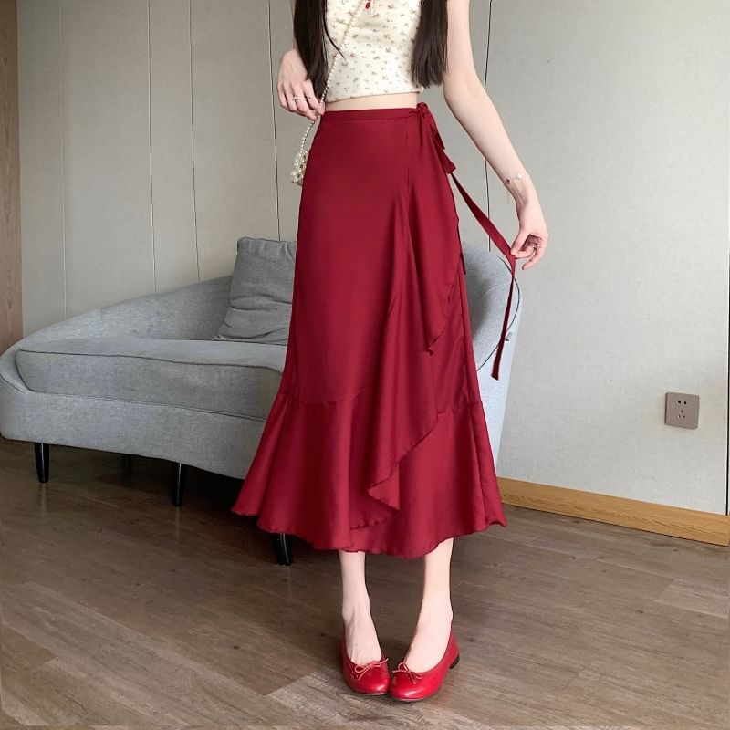 Waist Plain A-Line Midi High Ruffle Skirt