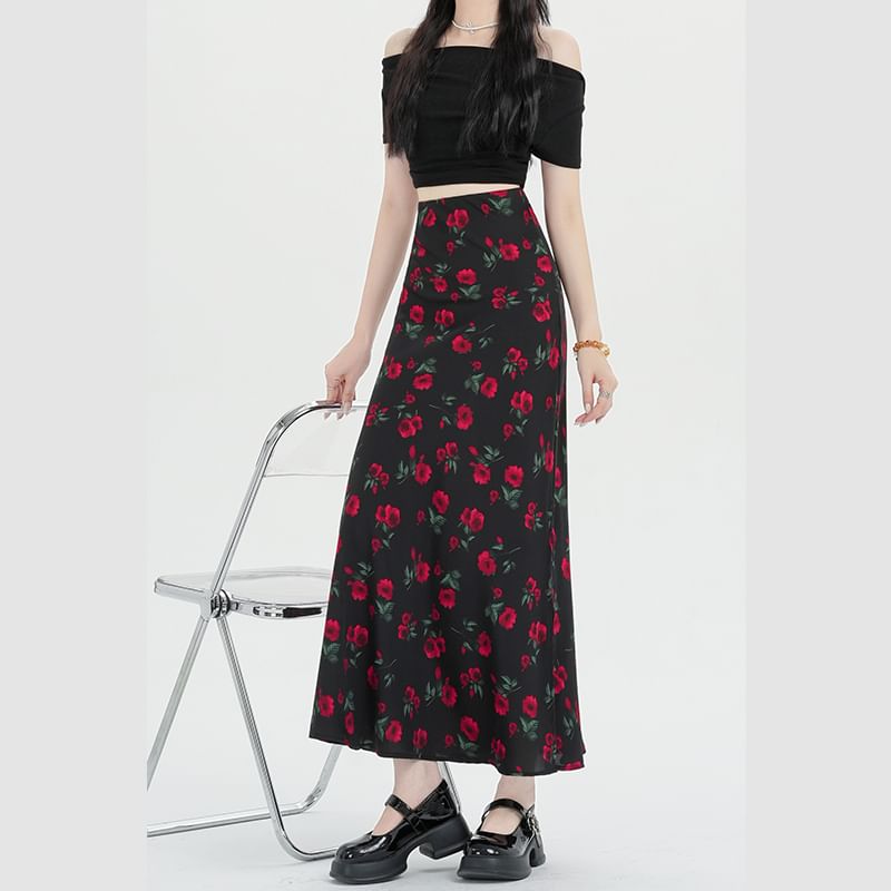 Skirt A-Line Floral Maxi Waist High