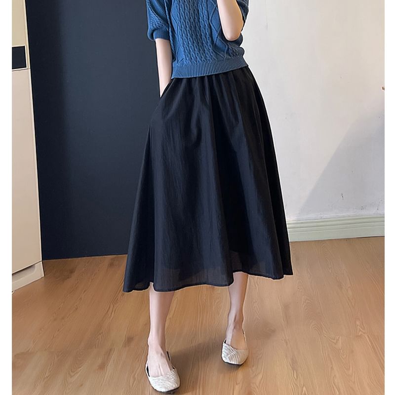 Midi Skirt A-Line Plain High Rise