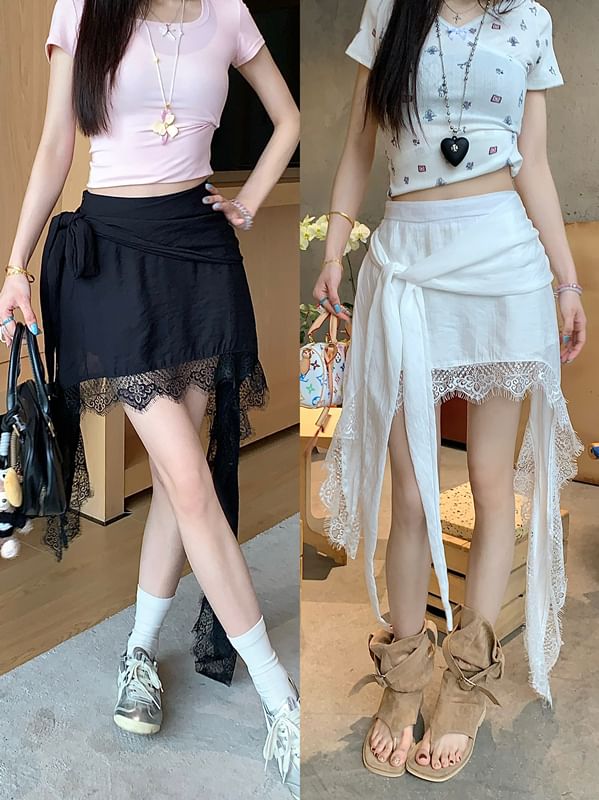 Lace High Waist Trim Wrap Asymmetrical Skort Plain