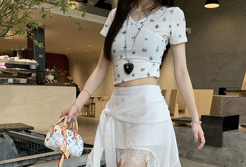 Lace High Waist Trim Wrap Asymmetrical Skort Plain