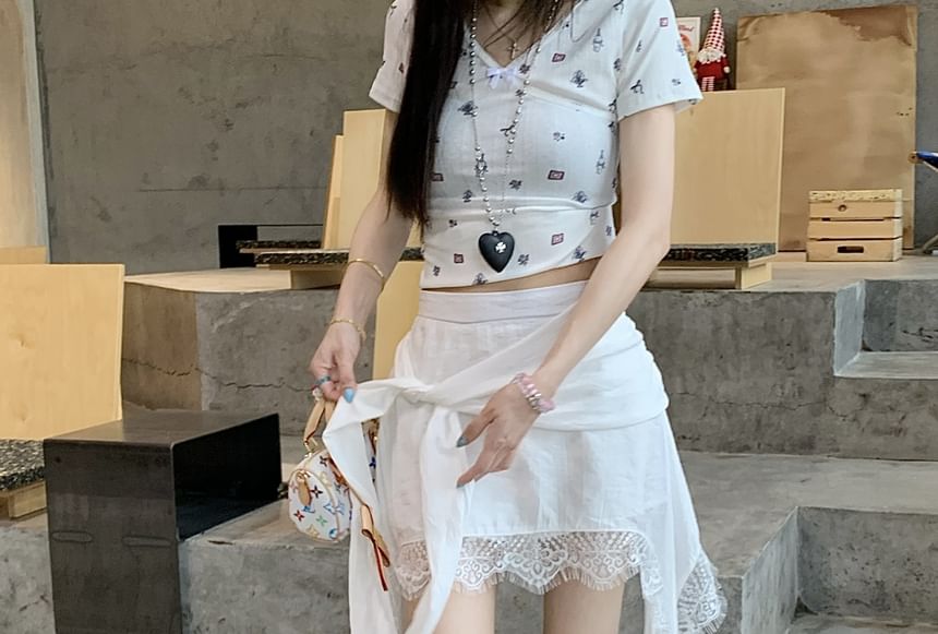 Lace High Waist Trim Wrap Asymmetrical Skort Plain