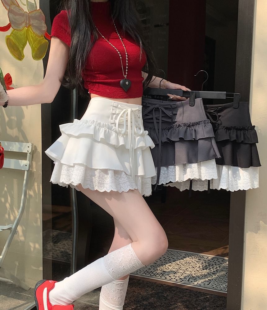 Plain Lace-Up Skirt Rise Lace Ruffle High Trim Mini A-Line