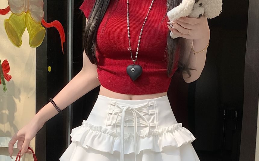 Plain Lace-Up Skirt Rise Lace Ruffle High Trim Mini A-Line