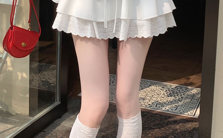 Plain Lace-Up Skirt Rise Lace Ruffle High Trim Mini A-Line