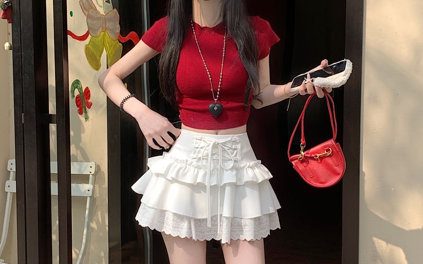 Plain Lace-Up Skirt Rise Lace Ruffle High Trim Mini A-Line