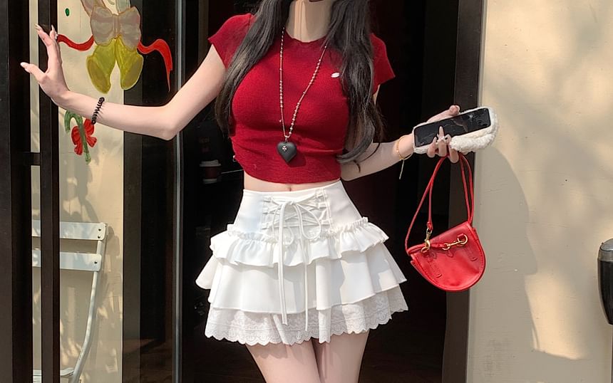 Plain Lace-Up Skirt Rise Lace Ruffle High Trim Mini A-Line