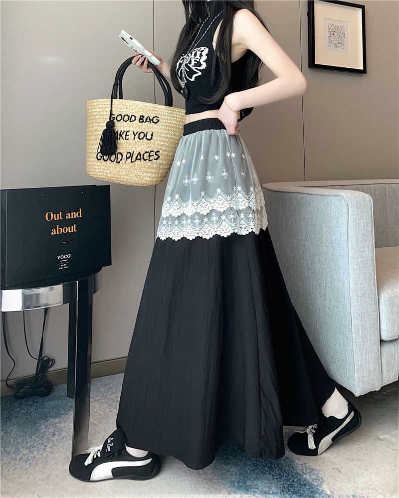 Rise Skirt Trim Plain Maxi High Lace A-Line