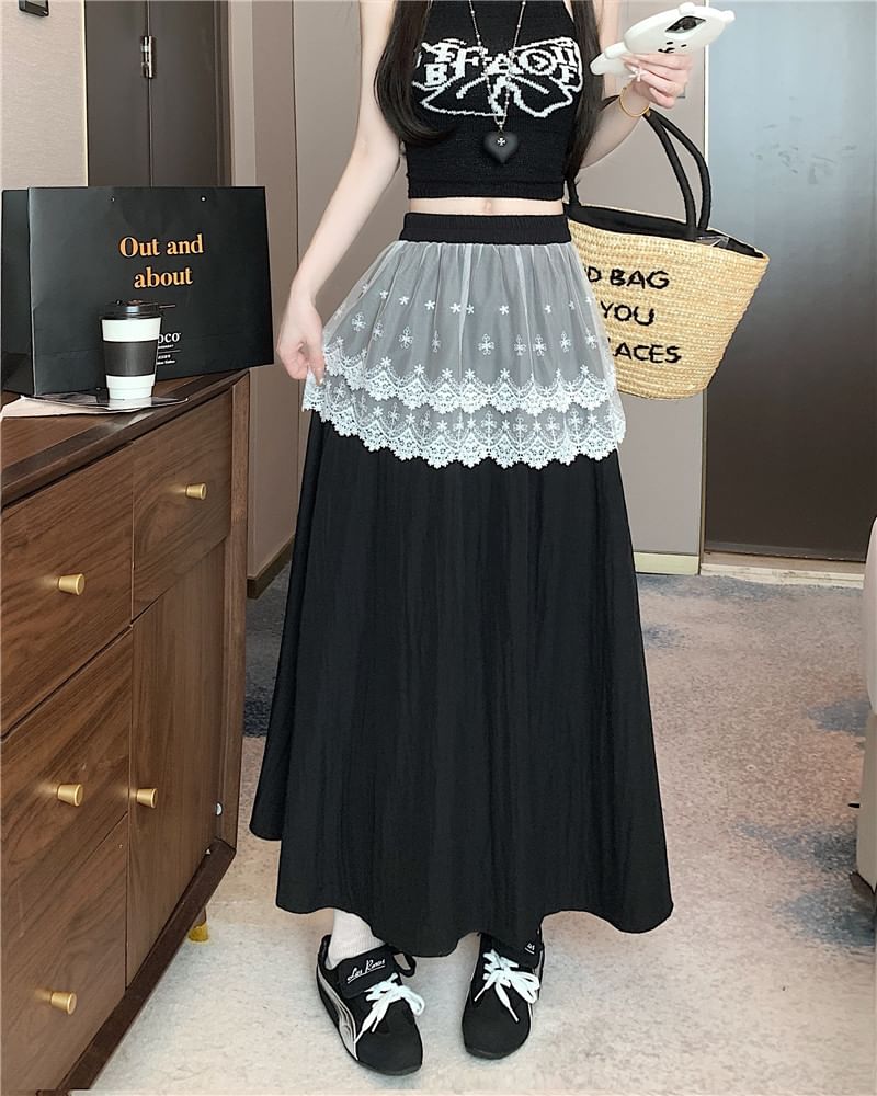 Rise Skirt Trim Plain Maxi High Lace A-Line