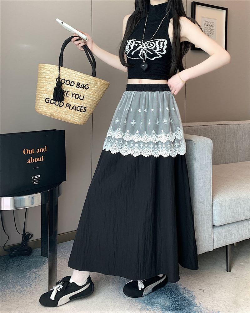 Rise Skirt Trim Plain Maxi High Lace A-Line