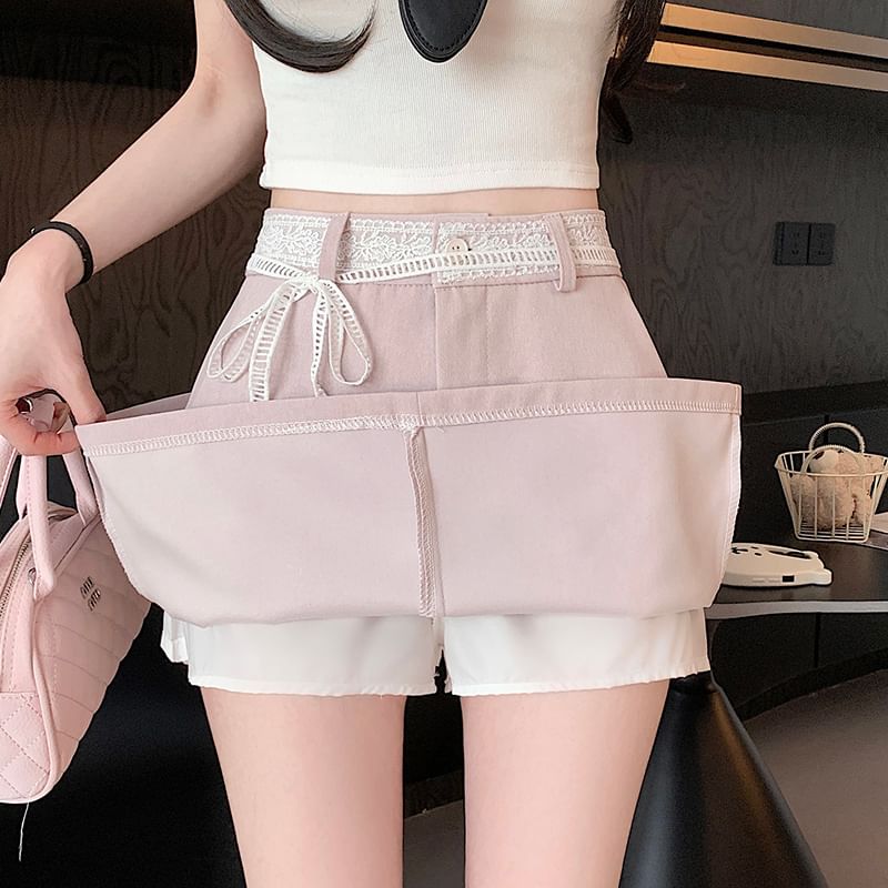 Rise Lace Trim A-Line Skirt High Plain Mini