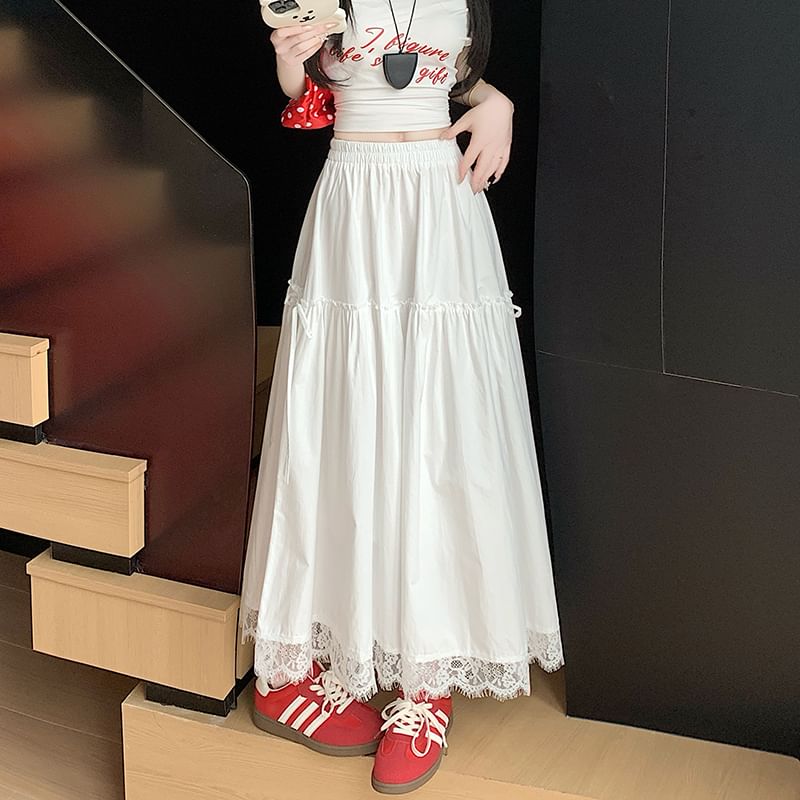 Plain Waist Lace Trim A-Line Maxi High Skirt