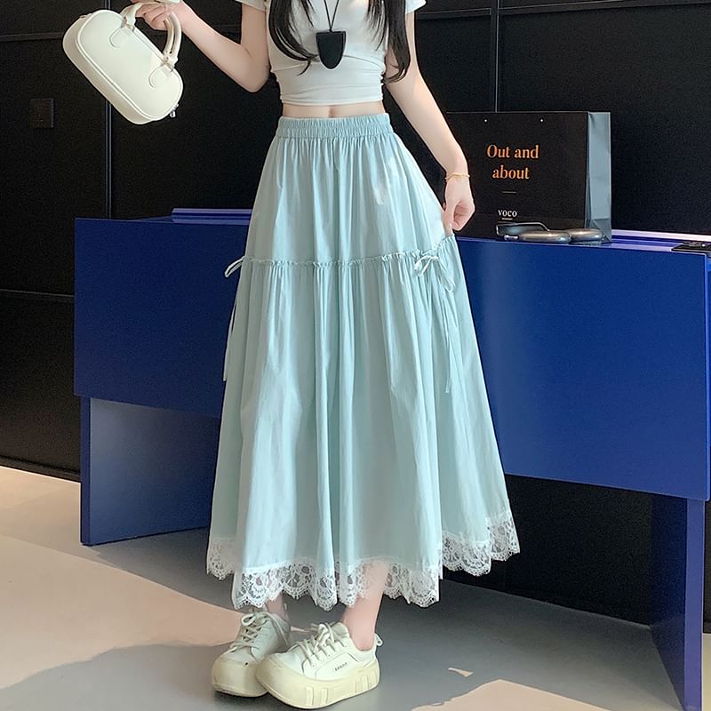 Plain Waist Lace Trim A-Line Maxi High Skirt