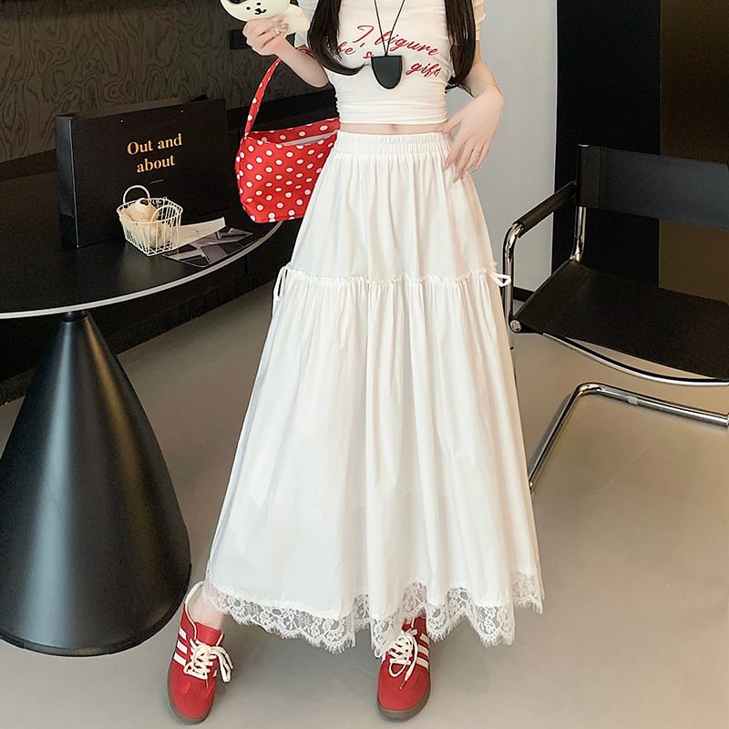 Plain Waist Lace Trim A-Line Maxi High Skirt