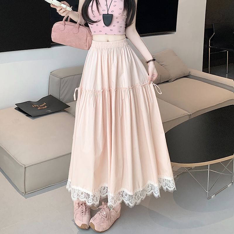 Trim Maxi Plain Lace A-Line Waist High Skirt