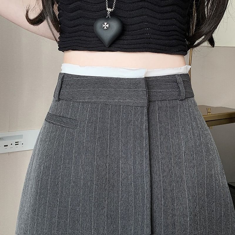 Pinstriped Rise A-Line Asymmetrical Skirt Mini High
