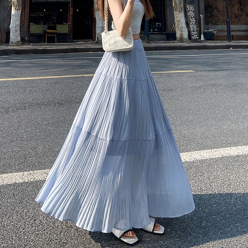 Skirt Pleated A-Line Maxi Accordion Plain High Waist