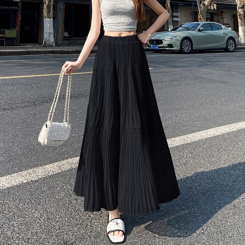 A-Line High Maxi Pleated Plain Accordion Skirt Waist