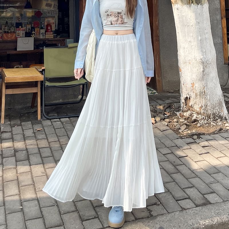 A-Line High Maxi Pleated Plain Accordion Skirt Waist