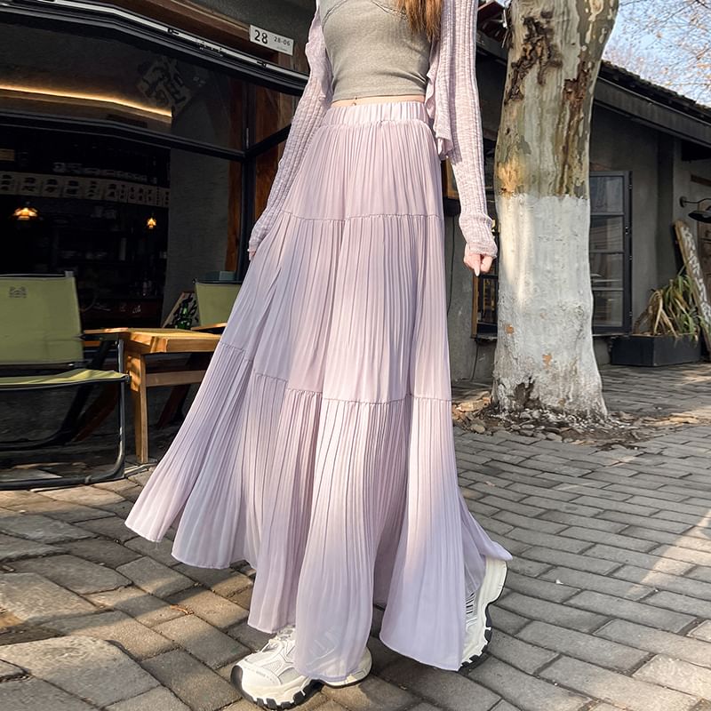A-Line High Maxi Pleated Plain Accordion Skirt Waist