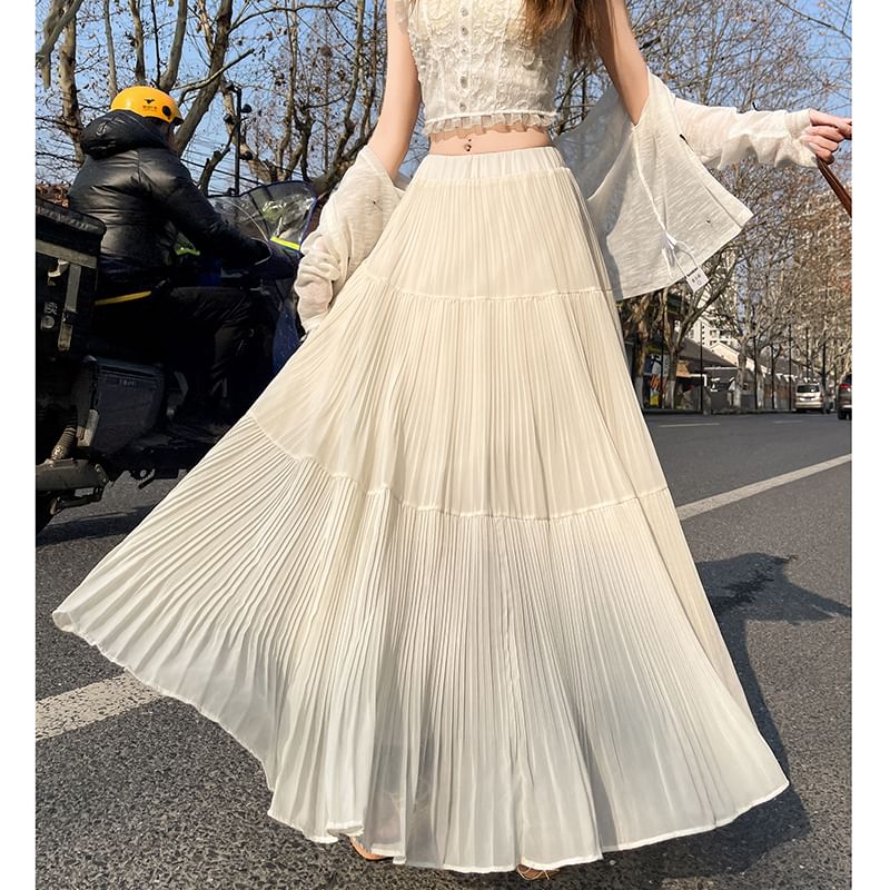 Skirt Pleated A-Line Maxi Accordion Plain High Waist