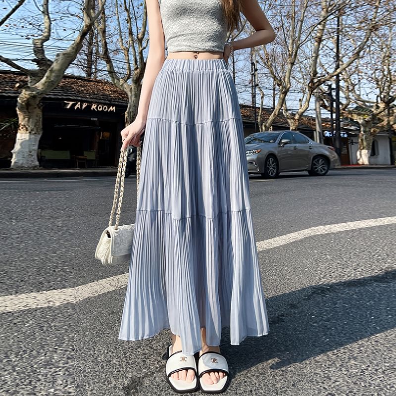 Skirt Pleated A-Line Maxi Accordion Plain High Waist