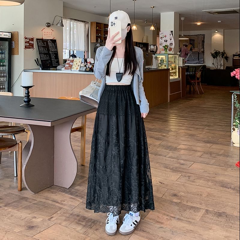 Embroidered Waist A-Line Flower Trim Lace High Skirt Maxi