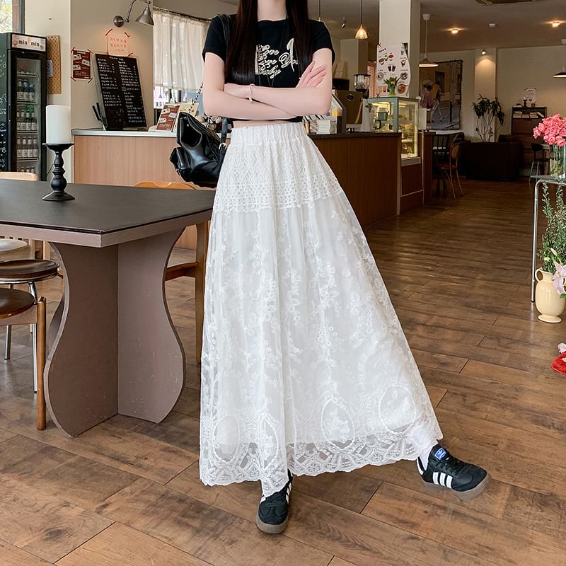 Embroidered Waist A-Line Flower Trim Lace High Skirt Maxi