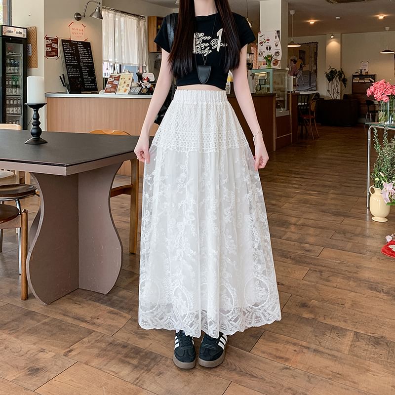 Embroidered Flower Skirt A-Line Waist Trim High Maxi Lace