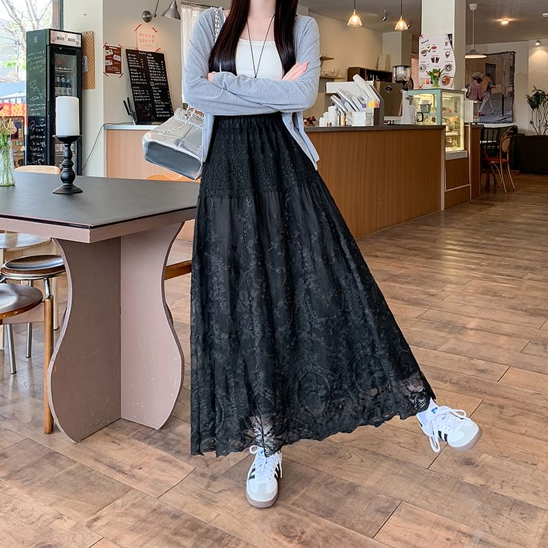 Embroidered Waist A-Line Flower Trim Lace High Skirt Maxi