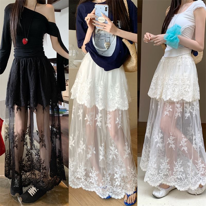 Trim High Maxi Embroidered Flower A-Line Skirt Lace Waist