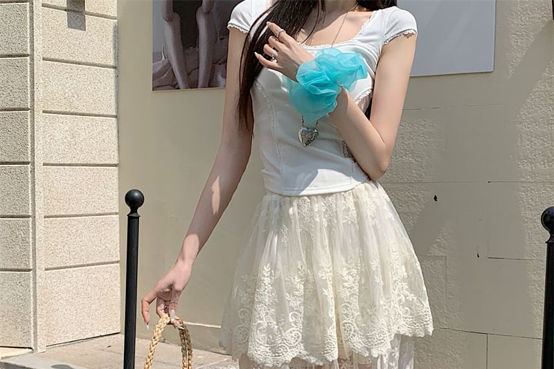 High Trim Lace Embroidered Maxi Skirt Waist Flower A-Line