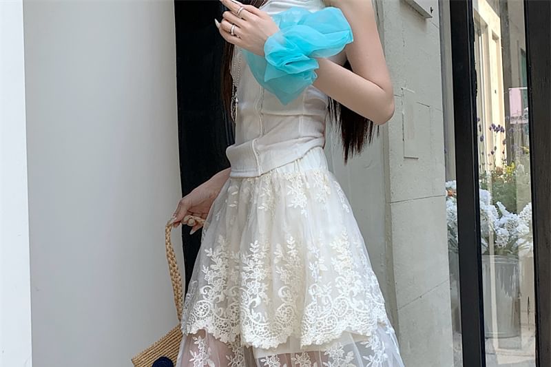 High Trim Lace Embroidered Maxi Skirt Waist Flower A-Line