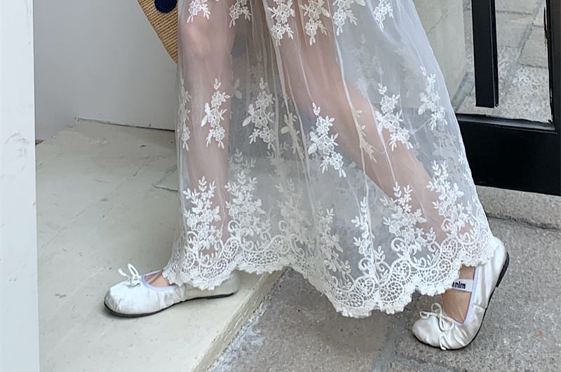 High Trim Lace Embroidered Maxi Skirt Waist Flower A-Line