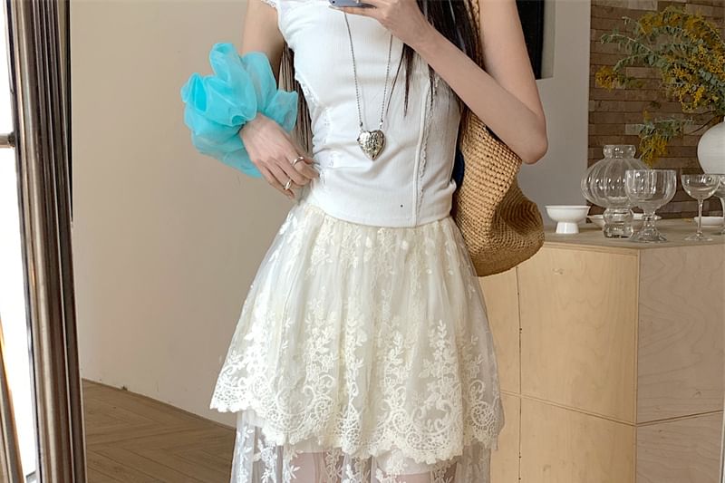 Trim High Maxi Embroidered Flower A-Line Skirt Lace Waist