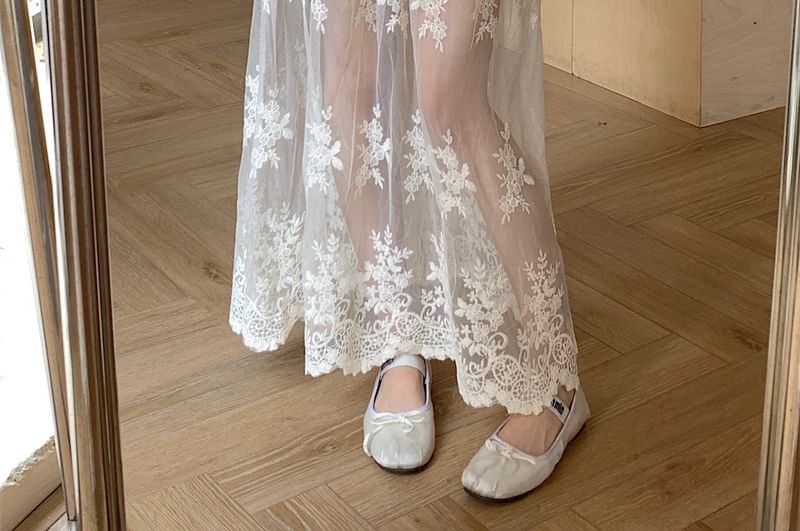 Trim High Maxi Embroidered Flower A-Line Skirt Lace Waist