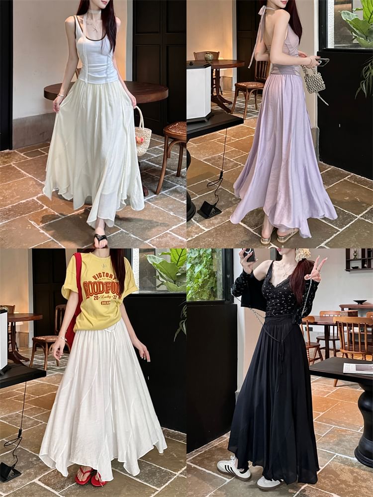 Maxi Skirt Plain Asymmetrical Waist High A-Line