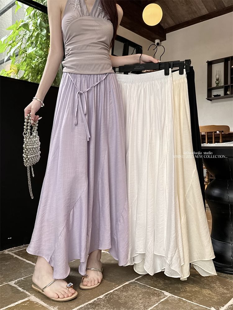 Maxi Skirt Plain Asymmetrical Waist High A-Line