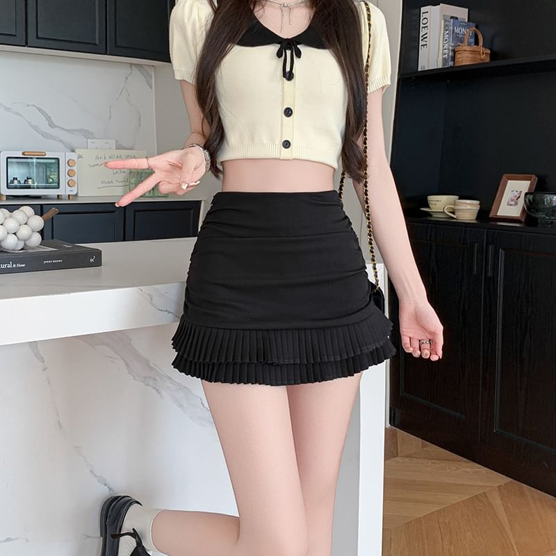 Mini Ruched Waist High Plain Pencil Skirt Ruffle