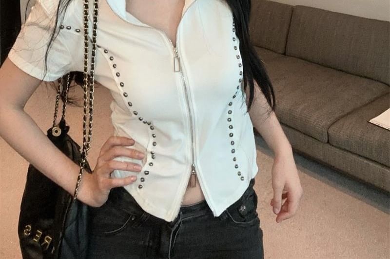 Fit Studded Turtleneck Plain Short-Sleeve Slim Zip T-Shirt