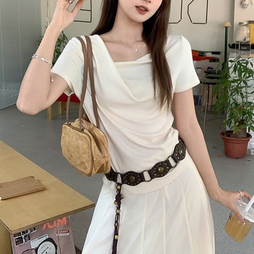 Slim Ruched Fit Plain Neck T-Shirt Cowl Short-Sleeve