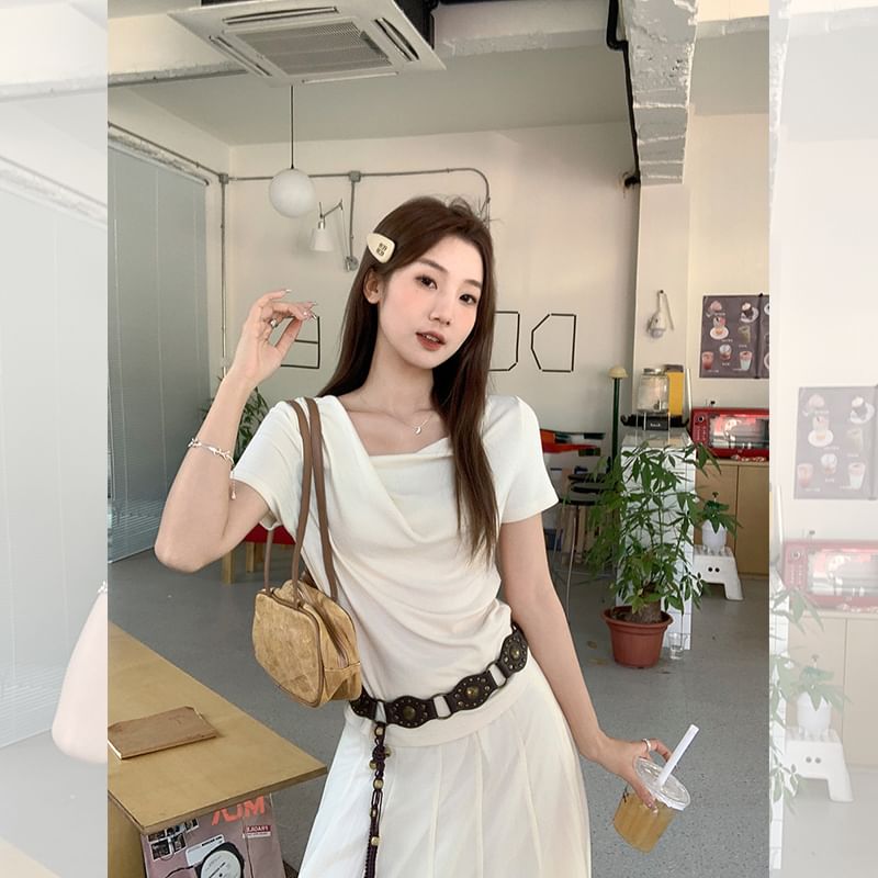 T-Shirt Fit Neck Short-Sleeve Slim Plain Ruched Cowl