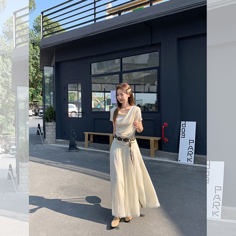 Slim Ruched Fit Plain Neck T-Shirt Cowl Short-Sleeve