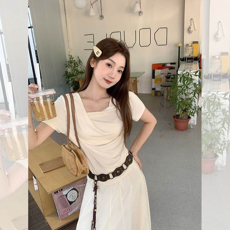 T-Shirt Fit Neck Short-Sleeve Slim Plain Ruched Cowl