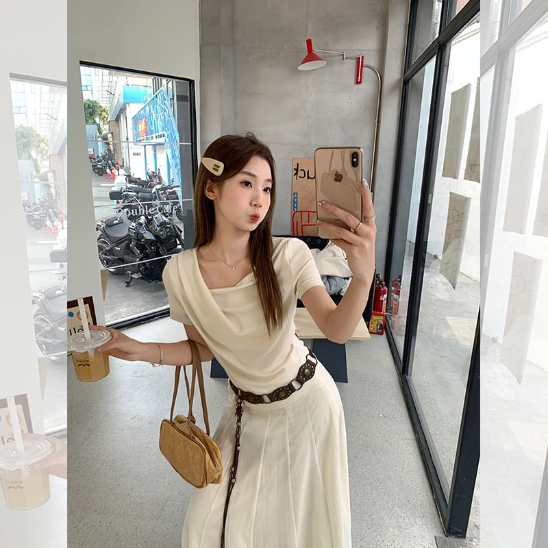 T-Shirt Fit Neck Short-Sleeve Slim Plain Ruched Cowl