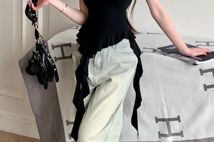 Tee Floral Trim Cap-Sleeve Panel Ruffle Off-Shoulder Slim Fit